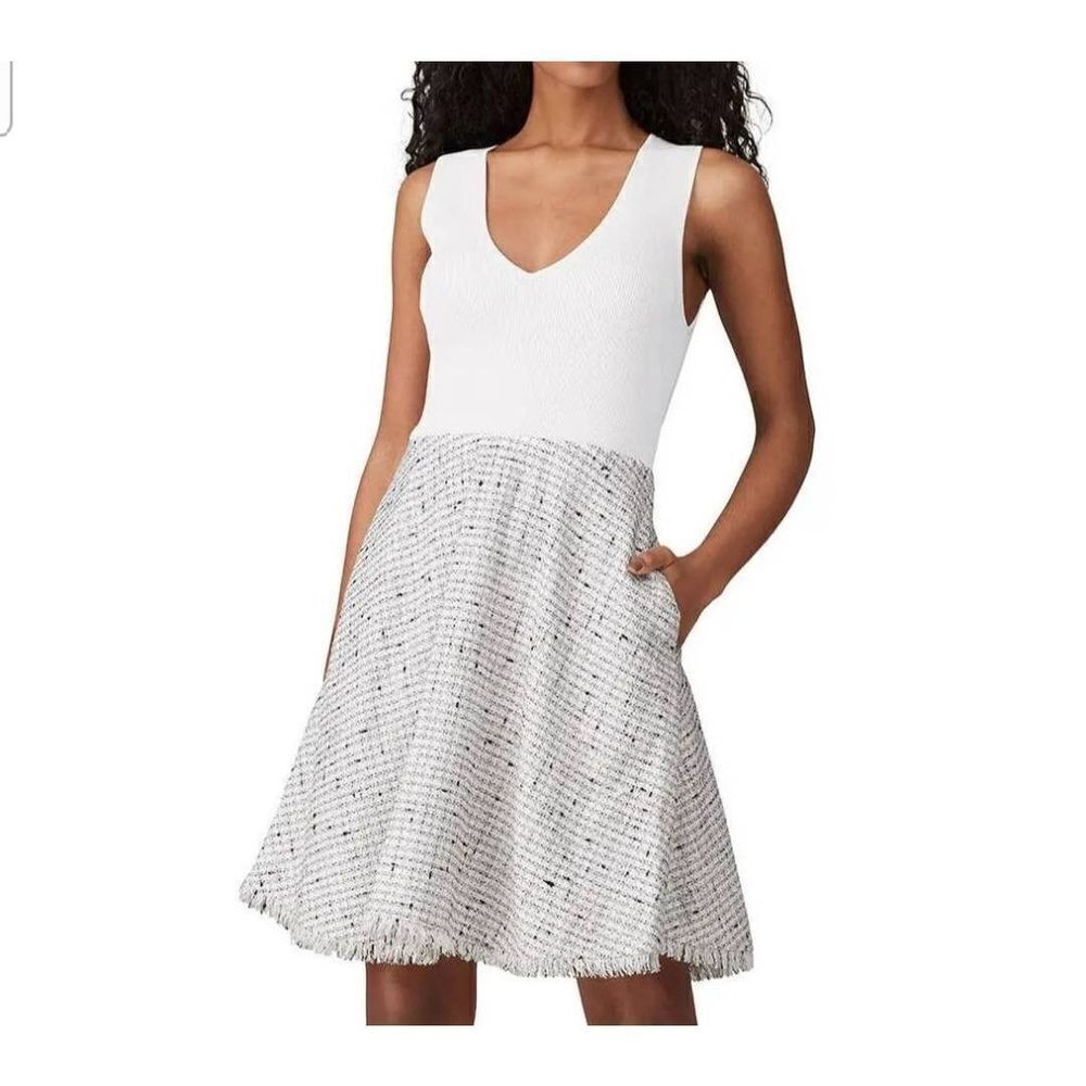 Ted Baker London Adalad A-Line Sleeveless Tweed Skirt Frayed Hem V-Neck dress